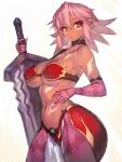  .hack// .hack//games 1girl :o black_rose_(.hack//) breasts dark-skinned_female dark_skin fumio_(rsqkr) gauntlets gloves highres holding holding_weapon huge_weapon large_breasts looking_at_viewer navel pantyhose pink_gloves pink_hair red_eyes short_hair solo sword weapon white_hair 