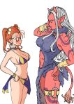 2girls blush breasts brown_eyes brown_hair cleavage closed_mouth colored_skin dragon_quest dragon_quest_viii dragon_quest_x earrings highres horns jessica_albert jewelry kajino_(aosansai) large_breasts long_hair multiple_girls navel ogre_(dq10) pointy_ears red_skin simple_background spikes twintails white_background white_hair 