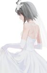  1girl antenna_hair backless_dress backless_outfit bare_back bare_shoulders black_hair bridal_veil clothes_lift curtsey dress dress_lift elbow_gloves facing_away flower from_behind gloves hair_flower hair_ornament hd_(sw4189101) highres idolmaster kikuchi_makoto lifted_by_self looking_ahead open_mouth short_hair simple_background skirt_hold smile solo veil wedding_dress white_background white_dress white_flower white_gloves 