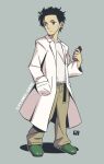  1boy black_hair brown_eyes brown_pants closed_mouth commentary_request copyright_name full_body green_footwear grey_background hand_in_pocket hand_up holding labcoat long_sleeves looking_away looking_to_the_side male_focus mawaru_(mawaru) okabe_rintarou open_clothes pants shadow shirt slippers solo standing steins;gate white_shirt 