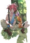  1boy 1girl absurdres ayumilani belt bike_shorts boots breasts chrono_trigger closed_eyes crono_(chrono_trigger) full_body glasses grass headband helmet highres lucca_ashtear muscular muscular_male purple_hair red_hair scarf short_hair signature sleeping sleeping_upright spiked_hair sword torn_clothes tree weapon 
