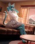  2022 3d_(artwork) absurd_res anthro arms_above_head blender_(software) blue_body blue_fur bottomwear breasts butt cartoon_network clothed clothing detailed_background digital_media_(artwork) domestic_cat felid feline felis female female/female fur hands_above_head hi_res iii_oridas_iii inside looking_at_viewer mammal nicole_watterson shirt skirt smile solo the_amazing_world_of_gumball topwear wide_hips 