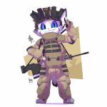  1:1 2017 3_toes ambiguous_gender anthro armor binoculars black_ears black_markings black_pawpads black_pupils black_sclera black_tail blue_eyes body_armor bottomwear bullpup_rifle cactus camo camo_bottomwear camo_clothing camo_headgear camo_helmet camo_pants camo_print canadian_flag clenched_teeth clothing cute_fangs dated digital_media_(artwork) english_text feet felid feline fingerless_gloves front_view fur furgonomics gesture gloves grey_body grey_fur grey_tail gun hand_on_hip handwear headgear helmet hi_res knee_pads logo looking_at_viewer lynx magazine_(gun) male_(lore) mammal maple_leaf markings military_uniform multicolored_body multicolored_fur multicolored_tail pants pattern_bottomwear pattern_clothing pattern_headgear pattern_helmet pattern_pants pawpads plant pose pouches presto_(artist) pupils ranged_weapon rifle signature silencer simple_background smile solo standing straps striped_markings stripes tan_bottomwear tan_clothing tan_helmet tan_pants teeth text toes uniform verk_(presto) weapon white_background white_body white_fur 