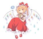  1girl :t absurdres blonde_hair blush bow crystal drop_shadow flandre_scarlet full_body hair_between_eyes hat hat_ribbon highres looking_at_viewer mary_janes mob_cap nanagi petticoat pout puffy_short_sleeves puffy_sleeves red_bow red_eyes red_footwear red_ribbon red_skirt red_vest ribbon shirt shoes short_sleeves sitting skirt skirt_set socks solo spoken_x stuffed_animal stuffed_toy teddy_bear touhou vest white_legwear white_shirt wings 