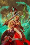  1boy 2girls blonde_hair he-man highres holding holding_weapon masters_of_the_universe multiple_girls shield standing stjepan_sejic sword weapon 