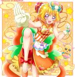  1girl apron back_bow bike_shorts bikini blonde_hair bow bowl brooch bun_cover chinese_clothes cure_yum-yum delicious_party_precure double_bun dragon dress eyebrows_visible_through_hair fighting_stance gloves gradient gradient_background hair_between_eyes hanamichi_ran hanzou heart_brooch highres huge_bow jewelry lips long_hair magical_girl mem-mem_(precure) multicolored_hair open_mouth orange_dress precure red_hair red_shorts shorts sleeveless sleeveless_dress surprised swimsuit two-tone_hair very_long_hair white_gloves yellow_background yellow_eyes 
