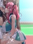  1boy 1girl azur_lane bangs between_legs black_male_underwear blush boxer_briefs breasts bremerton_(azur_lane) bremerton_(scorching-hot_training)_(azur_lane) censored chain-link_fence cleavage clothes_pull commentary_request cowboy_shot crop_top crop_top_overhang diffraction_spikes eyebrows_visible_through_hair fellatio female_masturbation fence from_side green_shirt green_skirt grey_hair hair_between_eyes hair_ornament hairclip hand_between_legs hetero huge_breasts kneeling large_breasts long_hair male_underwear masturbation midriff mosaic_censoring multicolored_hair oral out_of_frame penis pink_eyes pink_hair reta_su_gohan shade shirt shoes shorts shorts_pull sidelocks skirt sleeveless sleeveless_shirt sneakers solo_focus sportswear standing streaked_hair sweat tennis_court tennis_uniform tree twintails two-tone_hair two-tone_skirt underwear wet wet_clothes wet_shirt white_shirt white_skirt 