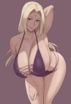  1girl arm_behind_head blonde_hair blush breasts brown_eyes cleavage facial_mark forehead_mark highres huge_breasts lips long_hair ma_mi_fe naruto_(series) pose purple_swimsuit sidelocks smile solo swimsuit tsunade_(naruto) 