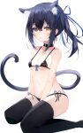  1girl absurdres animal_ears black_hair black_legwear blush breasts cat_ears choker fang fate/grand_order fate/kaleid_liner_prisma_illya fate_(series) hair_ornament highres liyaku looking_at_viewer miyu_edelfelt navel open_mouth short_hair simple_background skin_fang small_breasts solo swimsuit tail thighhighs white_background yellow_eyes 
