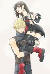  1boy 1girl bare_shoulders bike_shorts black_hair black_legwear black_skirt blonde_hair blue_eyes blush cloud_strife detached_sleeves earrings embarrassed final_fantasy final_fantasy_vii final_fantasy_vii_remake gloves holding_person jewelry long_hair red_eyes red_footwear shouyu_(soysoy) skirt sleeveless sleeveless_turtleneck spiked_hair thighhighs tifa_lockhart turtleneck 