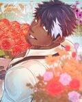  1boy apron bangs bouquet ex65679708 facial_hair flower focus_blur from_above gloves hair_between_eyes hair_over_one_eye highres lilac_(live_a_hero) live_a_hero looking_at_viewer looking_back male_focus multicolored_hair pectorals red_flower red_rose rose shirt short_hair smile solo stubble tan thick_eyebrows 
