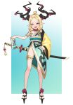  1girl :d absurdres aqua_eyes blonde_hair blush can commentary english_commentary fang flat_chest flower forehead full_body hand_on_hip highres horns japanese_clothes katana kimono long_hair original personification pointy_ears sandals sarashi sash sheath sheathed smile solo sword thigh_strap weapon yeun 