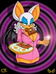  absurd_res anthro bacon beverage big_breasts bread breasts butter chiropteran cleavage clothed clothing dairy_products egg female food glass hi_res mammal meat omegasunburst orange_juice plate rouge_the_bat sega solo sonic_the_hedgehog_(series) toast 