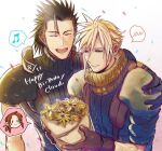  1girl 2b_fff 2boys aerith_gainsborough arm_around_shoulder armor black_hair blonde_hair blue_eyes blush bouquet brown_hair chibi closed_eyes cloud_strife earrings final_fantasy final_fantasy_vii flower hair_ribbon holding holding_bouquet jewelry lower_teeth multiple_boys musical_note open_mouth ribbon shoulder_armor single_bang single_earring sleeveless sleeveless_turtleneck sleeves_rolled_up smile spiked_hair suspenders teeth turtleneck upper_teeth zack_fair 