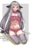 1girl absurdres animal_ears bare_shoulders bikini breasts collarbone commentary elbow_gloves eyebrows_visible_through_hair frilled_bikini frills full_body gloves grey_gloves grey_hair grey_legwear hair_ribbon highres kemono_friends large_breasts long_hair looking_at_viewer navel pink_bikini pink_ribbon red_eyes ribbon simple_background sitting solo stirrup_legwear stomach swimsuit tanabe_(fueisei) thighhighs toeless_legwear very_long_hair walrus_(kemono_friends) white_hair 