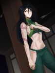  1girl abs akali arm_at_side arm_tattoo arrow_(projectile) artist_name bare_shoulders black_hair breasts crop_top dated english_commentary eyeliner gradient_eyes green_pants green_shirt hair_down hand_on_own_chest hand_up highres hip_vent holding holding_knife indoors knife kunai league_of_legends long_hair looking_to_the_side makeup matlink midriff motion_blur multicolored_eyes navel ninja no_mask orange_eyes pants parted_lips pillar shirt sleeveless sleeveless_shirt small_breasts solo stomach strapless strapless_shirt taking_cover tattoo v-shaped_eyebrows weapon yellow_eyes 