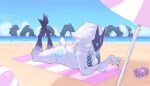  absurd_res anthro beach beverage blue_markings butt cloven_hooves female floppy_ears glowing glowing_eyes hi_res hooves kindred_(lol) lamb_(lol) league_of_legends markings mask nanokindred riot_games seaside video_games 