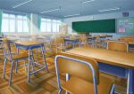  board bookshelf chair chalkboard classroom clock commentary_request curtains desk indoors no_humans original scenery school school_chair school_desk shadow utazu29 window 