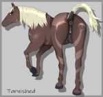  absurd_res anus blonde_hair blue_eyes brown_body brown_fur butt equid equine female feral fur fur_pattern genitals hair hi_res hooves horse looking_at_viewer looking_back mammal mane one_eye_closed pussy raised_tail solo tarnished_(artist) underhoof wink 