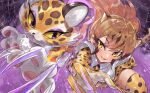  2girls animal_ears animal_hands animal_nose attack bangs black_fur blonde_hair body_fur brown_fur brown_hair cheetah_(kemono_friends) cheetah_ears cheetah_girl cheetah_print clawroline claws colored_inner_hair colored_sclera crossover elbow_gloves extra_ears eyebrows_visible_through_hair fingernails fisheye floating_hair furry furry_female gloves hakoneko_(marisa19899200) highres incoming_attack kemono_friends kirby_(series) kirby_and_the_forgotten_land long_hair looking_at_viewer miniskirt multicolored_hair multiple_girls necktie orange_fur parted_lips print_gloves print_legwear print_necktie print_skirt purple_eyes sharp_fingernails shirt short_sleeves side-by-side skirt slit_pupils smile snout spotted_hair thighhighs trait_connection tsurime v-shaped_eyebrows whiskers white_shirt yellow_eyes yellow_fur yellow_sclera zettai_ryouiki 