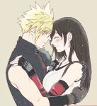  1boy 1girl armor bare_shoulders black_hair blonde_hair blue_eyes blush breasts cloud_strife couple crop_top earrings final_fantasy final_fantasy_vii final_fantasy_vii_remake fingerless_gloves gloves hands_on_another&#039;s_shoulders hug jewelry large_breasts long_hair looking_at_another shoulder_armor shouyu_(soysoy) smile spiked_hair suspenders sweater tank_top tifa_lockhart turtleneck turtleneck_sweater 