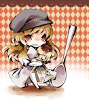  1girl alternate_color argyle argyle_background bangs black_footwear black_headwear blonde_hair blush cabbie_hat chibi commentary_request cross dress food full_body grey_dress hat heart heart-shaped_pupils high_priest_(ragnarok_online) holding holding_food juliet_sleeves long_hair long_sleeves looking_at_viewer lowres open_mouth pekeko_(pepekekeko) puffy_sleeves ragnarok_online red_eyes sash smile solo spoon symbol-shaped_pupils thighhighs white_legwear white_sash 