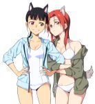  2girls agahari animal_ears bikini black_hair blue_jacket breasts closed_mouth commentary_request green_jacket hair_between_eyes hands_on_hips heterochromia highres jacket looking_at_viewer medium_breasts medium_hair minna-dietlinde_wilcke multiple_girls one-piece_swimsuit open_clothes open_jacket red_eyes red_hair sakamoto_mio short_hair side-tie_bikini simple_background smile standing strike_witches swimsuit tail thighs white_background white_bikini white_swimsuit world_witches_series yellow_eyes 
