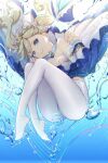  1girl absurdres air_bubble barbara_(genshin_impact) blonde_hair blue_eyes bubble closed_mouth dress drill_hair feet frilled_dress frills full_body genshin_impact hd-hlh-3h highres idol legs looking_at_viewer musical_note pantyhose smile twin_drills twintails underwater water white_dress white_legwear 