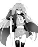  1girl absurdres bow bowtie buttons coat cowboy_shot double-breasted greyscale hair_between_eyes highres katana long_hair looking_at_viewer miniskirt monochrome ohlia open_clothes open_coat panties pantyshot parted_lips planted planted_sword sailor_collar school_uniform serafuku shakugan_no_shana shana simple_background skirt solo standing sword underwear very_long_hair weapon white_background 