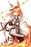  1girl animal_ears arknights crossed_arms fire flametail_(arknights) gauntlets hellnyaa padded_armor red_hair smile squirrel_ears squirrel_tail sword tail thigh_pouch weapon white_background 