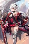  1girl absurdres antares_(evertale) breasts castle evertale eyebrows_visible_through_hair feet_out_of_frame hair_between_eyes highres looking_at_viewer miniskirt red_eyes sideboob skirt smile solo sword weapon white_hair 