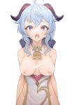  1girl after_paizuri ahoge bangs bell blue_hair blush bow breasts cum cum_in_mouth cum_on_body cum_on_breasts furrowed_brow ganyu_(genshin_impact) genshin_impact gold_trim groin heart heart-shaped_pupils highres horns long_hair looking_at_viewer medium_breasts muntes neck_bell nipples open_mouth pelvic_curtain purple_eyes sidelocks solo symbol-shaped_pupils upper_body white_background 