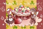  2girls :q alternate_costume apron bangs black_dress blue_hair brown_headwear cake closed_mouth commentary_request cup demon_wings dress food fork frilled_dress frills fruit full_body grey_vest gypsy_(ragnarok_online) head_wings high_priest_(ragnarok_online) holding holding_plate juliet_sleeves long_sleeves looking_at_viewer medium_hair milestone_celebration multiple_girls necktie obi open_mouth oversized_clothes pekeko_(pepekekeko) pink_eyes pink_hair pink_necktie plate puffy_sleeves ragnarok_online sash short_hair smile spoon strawberry teacup tongue tongue_out vest waist_apron waiter white_apron white_headwear wings 