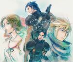  1girl 2b_fff 3boys aerith_gainsborough armor bangs belt black_hair blonde_hair blue_eyes bow braid braided_ponytail brown_hair buster_sword cloud_strife collarbone crisis_core_final_fantasy_vii dress final_fantasy final_fantasy_vii gloves green_eyes hair_between_eyes hair_bow hair_slicked_back multiple_boys open_mouth parted_bangs parted_lips scar scar_on_cheek scar_on_face shoulder_armor sidelocks sleeveless sleeveless_turtleneck suspenders turtleneck weapon weapon_on_back white_background white_dress younger zack_fair 