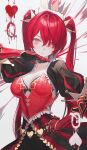 1girl bangs breasts closed_mouth collar eyes_visible_through_hair gauntlets grimlight hand_up heart looking_at_viewer medium_breasts pink_eyes puffy_sleeves queen_of_hearts_(grimlight) red_hair solo twintails upper_body wanke 
