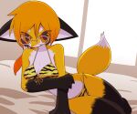  anthro breasts canid canine clothing crepix eyewear female fox fur glasses looking_at_viewer mammal red_eyes solo swimwear yellow_body yellow_fur 