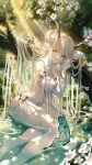  1girl absurdres bangs blunt_bangs breasts bug butterfly collar commentary dress flower forest highres kuro_(rudyan0128) large_breasts long_hair looking_at_viewer nature original solo symbol-only_commentary tree water white_collar white_dress white_hair yellow_eyes 