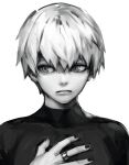  1boy bangs bodysuit closed_mouth expressionless grey_background greyscale hand_up jewelry kaneki_ken male_focus monochrome nail_polish ring shiromi_(ringo) short_hair sideways_glance simple_background solo tokyo_ghoul 
