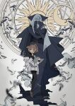  book brown_footwear brown_hair cardcaptor_sakura clamp_(circle)_(style) clow_card edoya_inuhachi green_eyes highres kinomoto_sakura moon size_difference sun 