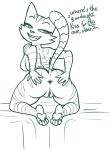  anthro anus bedroom_eyes breasts butt dialogue domestic_cat english_text felid feline felis female fran_(litterbox_comics) fur genitals hi_res inviting litterbox_comics looking_back mammal mature_anthro mature_female monochrome narrowed_eyes open_mouth pawpads pussy redout seductive side_boob solo spread_anus spreading striped_body striped_fur stripes text webcomic 