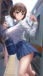  1girl bag black_legwear blue_eyes blue_necktie blue_skirt blush breasts brown_hair getsuyoubi_no_tawawa highres huge_breasts kneehighs long_sleeves looking_at_viewer necktie pleated_skirt school_bag school_uniform shirt short_hair silvertsuki skirt solo uniform 