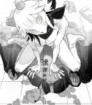  1boy 1girl :o bald bangs blunt_bangs bodysuit breasts cleavage cleavage_cutout closed_mouth clothing_cutout commentary different_reflection finger_tattoo flipped_hair from_above frown full_body geta greyscale gumi guuzousuuhai_(vocaloid) hands_on_floor head_tattoo head_tilt highres horns kerchief kesa looking_at_viewer looking_up medium_breasts monk monochrome on_floor reflection short_hair sidelocks sitting tattoo tile_floor tiles translated vocaloid wariza wooma 