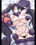  1girl absurdres animal_ears animal_hands bangs bare_shoulders black_panties bow breasts cleavage cosplay elbow_gloves fate/grand_order fate_(series) fur-trimmed_gloves fur-trimmed_legwear fur_collar fur_trim gloves highres lace-trimmed_legwear lace_trim large_breasts long_hair looking_at_viewer lying mash_kyrielight mash_kyrielight_(dangerous_beast) mash_kyrielight_(dangerous_beast)_(cosplay) minamoto_no_raikou_(fate) navel o-ring on_back panties parted_bangs paw_gloves purple_eyes purple_gloves purple_hair purple_legwear revealing_clothes solo spice_(spicezzumi) thighs twintails underwear very_long_hair wolf_ears 