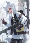  1girl :d absurdres animal_ears assault_rifle backpack bag bangs bare_tree black_pantyhose blush brown_eyes brown_gloves commentary_request day facial_mark fang fox_ears fox_girl fox_tail gloves gun h&amp;k_hk416 highres holding holding_gun holding_weapon jacket junshiki long_hair long_sleeves outdoors pantyhose parted_bangs pleated_skirt pole rifle sewayaki_kitsune_no_senko-san shiro_(sewayaki_kitsune_no_senko-san) short_eyebrows signature skirt smile snowing solo tail thick_eyebrows tree trigger_discipline v very_long_hair weapon whisker_markings white_hair white_jacket white_skirt 