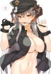  1girl arknights bangs black_gloves black_headwear black_shirt breasts cleavage collarbone cuffs earrings eyebrows_visible_through_hair gloves hat heart highres holding jewelry large_breasts long_hair looking_at_viewer naked_shirt navel no_bra official_alternate_costume ohta_yuichi open_clothes open_mouth open_shirt orange_eyes peaked_cap riding_crop saria_(arknights) saria_(the_law)_(arknights) shackles shirt short_sleeves silver_hair simple_background single_glove solo speech_bubble spoken_heart stomach tongue tongue_out upper_body v-shaped_eyebrows very_long_hair white_background 