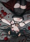  1girl absurdres black_dress black_legwear blood blood_on_breasts blood_on_face blood_on_weapon blush breasts churi_(oxxchurixxo) cleavage closed_mouth dress flower hair_flower hair_ornament hairband highres holding holding_weapon large_breasts looking_at_viewer lying on_back on_floor petals red_eyes red_flower red_rose rose rose_petals sleeveless sleeveless_dress smile solo spy_x_family thighhighs tile_floor tiles upside-down weapon yellow_flower yellow_hairband yellow_rose yor_briar zettai_ryouiki 