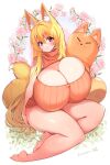  :o animal_ear_fluff animal_ears bare_legs blonde_hair blush borrowed_character bottomless breasts cleavage commission flower fox_ears fox_girl fox_tail gigantic_breasts highres long_hair meme_attire open-chest_sweater original red_eyes skeb_commission sleeveless sleeveless_sweater sweater tail turtleneck turtleneck_sweater very_long_hair w_techo300 