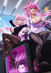  2girls ahoge animal_ears bangs black_legwear blurry blurry_foreground breasts cat_ears cleavage dutch_angle glasses hair_between_eyes hair_cones heart_ahoge high_heels highres indoors ironmouse large_breasts long_hair looking_at_viewer medium_breasts multicolored_hair multiple_girls no_bra nyatasha_nyanners older open_mouth pantyhose partially_unbuttoned pink_eyes pink_hair ponytail purple_eyes refrigerator revenantart sitting swept_bangs two-tone_hair vshojo 