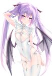  1girl absurdres arm_behind_back arm_behind_head arm_up breasts covered_navel covered_nipples demon_girl demon_wings garter_straps groin hand_in_own_hair highres leotard long_hair original purple_eyes ririge small_breasts solo thigh_strap thighhighs thighs twintails very_long_hair white_legwear white_leotard wings 