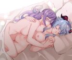  2girls ahoge bed_sheet blue_hair blush breasts closed_eyes completely_nude eyebrows_visible_through_hair ganyu_(genshin_impact) genshin_impact goat_horns hair_down holding_hands horns interlocked_fingers keqing_(genshin_impact) large_breasts long_hair lying multiple_girls navel negom nipples nude on_back pillow purple_hair sleeping thighs yuri 